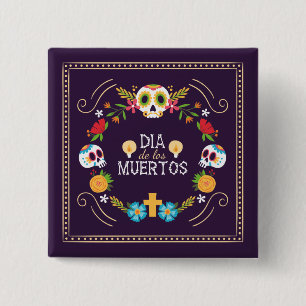 Colourful Floral Skulls Dia de Muertos Button
