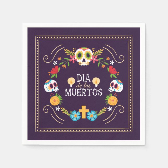Colourful Floral Skulls Dia de Muertos | Napkin (Front)