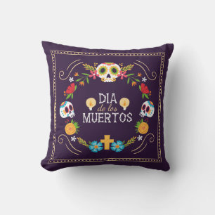 Colourful Floral Skulls Dia de Muertos Throw Pillo Pillow