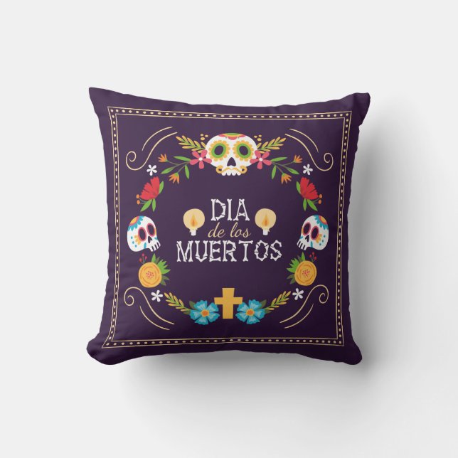 Colourful Floral Skulls Dia de Muertos Throw Pillo Throw Pillow (Front)
