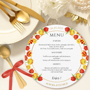 Colourful Floral Spring Tulip White Round Wedding Menu