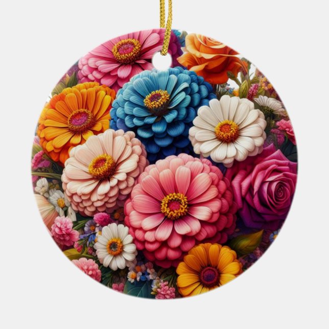 Colourful Floral/Spring Zinnia/Rose Ceramic Ornament (Front)