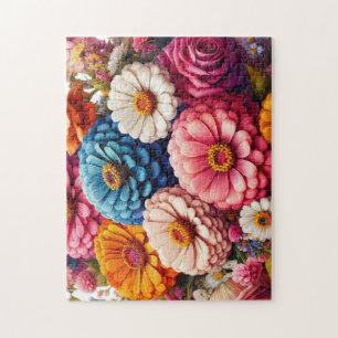 Colourful Floral/Spring Zinnia/Rose Jigsaw Puzzle