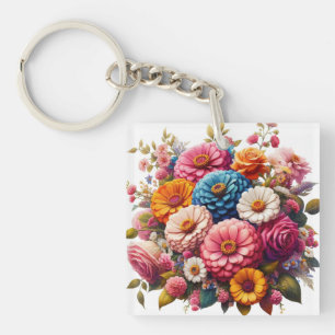 Colourful Floral/Spring Zinnia/Rose Keychain