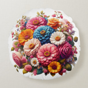 Colourful Floral/Spring Zinnia/Rose Round Pillow