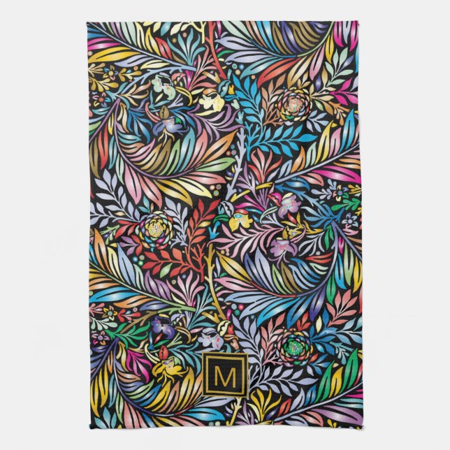 Colourful Floral Square Monogram Kitchen Towel (Vertical)