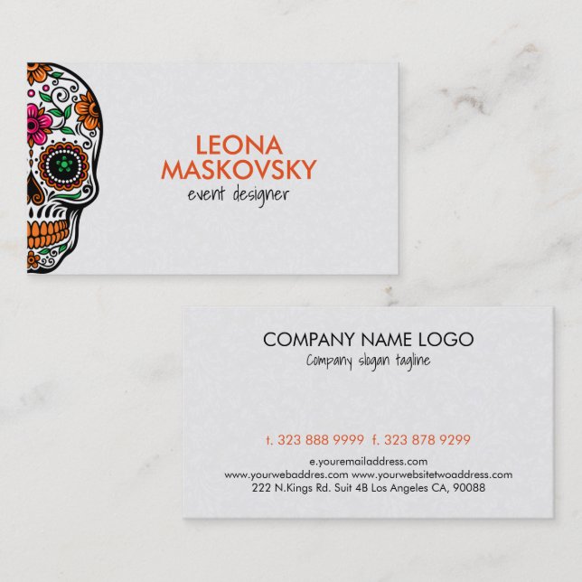 Colourful Floral Sugar Skull 3 & White Background Business Card (Front/Back)