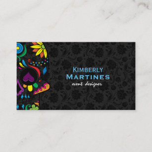 Colourful Floral Sugar Skull & Black Damasks 2 Business Card
