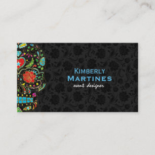 Colourful Floral Sugar Skull & Black Damasks Business Card
