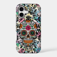 Colourful Floral Sugar Skull & Black Swirls