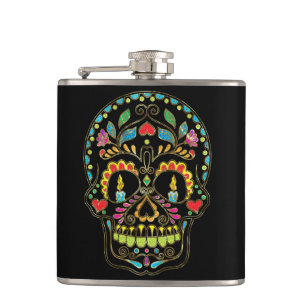 Colourful Floral Sugar Skull Burning Candles Hip Flask