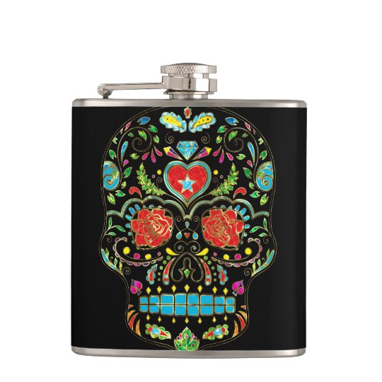 Colourful Floral Sugar Skull Glitter And Gold 2 Hip Flask