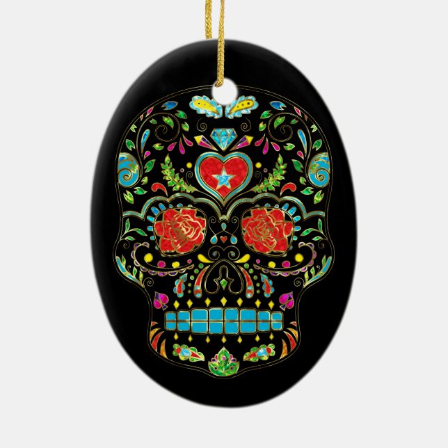 Colourful Floral Sugar Skull Glitter And Gold Ceramic Ornament (Back)