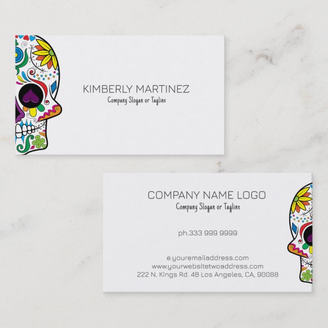 Colourful Floral Sugar Skull on White Business Card (Front/Back)