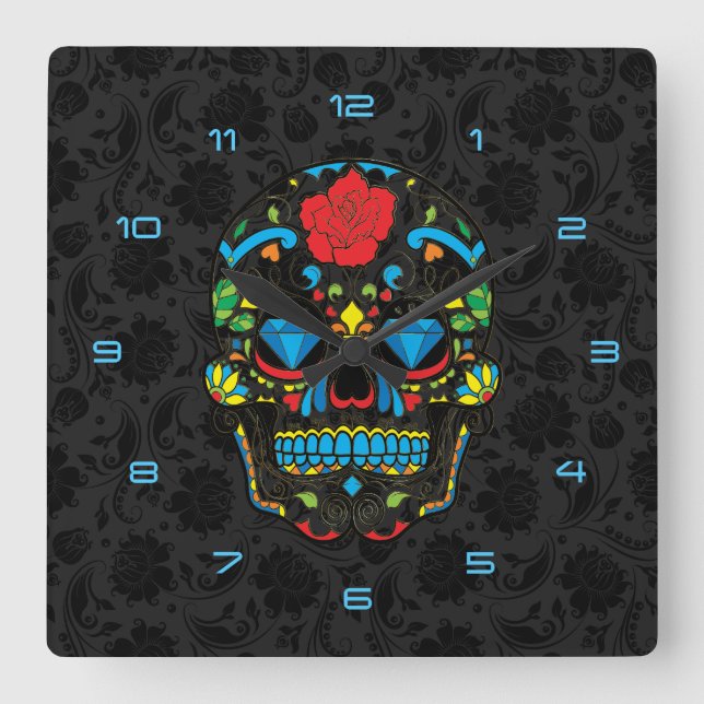 Colourful Floral Sugar Skull Red Rose Blue Square Wall Clock (Front)
