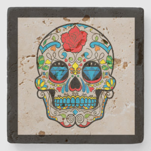 Colourful Floral Sugar Skull Red Rose Stone Coaster