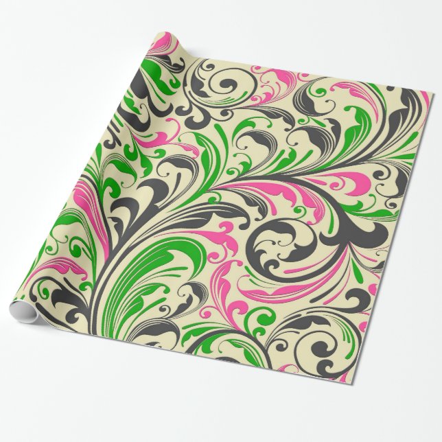 Colourful Floral Swirls Pattern Wrapping Paper (Unrolled)