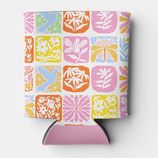  Colourful Floral Tile Botanical Folk Whimsical  Can Cooler (Front)