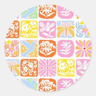  Colourful Floral Tile Botanical Folk Whimsical  Classic Round Sticker