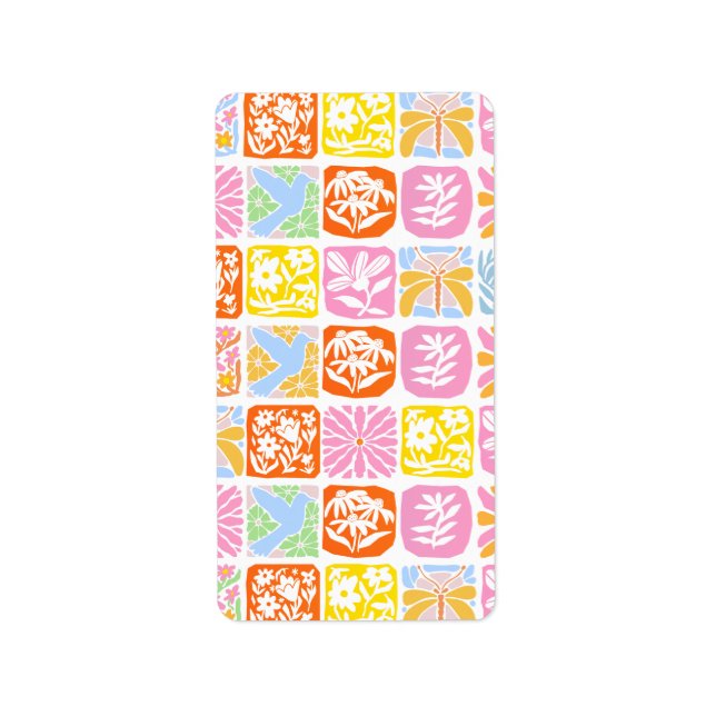  Colourful Floral Tile Botanical Folk Whimsical  Label (Front)
