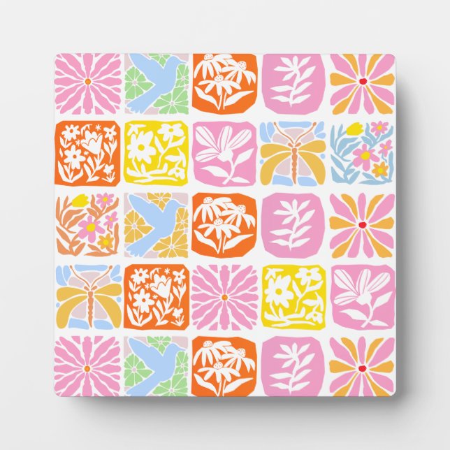  Colourful Floral Tile Botanical Folk Whimsical  Plaque (Front)