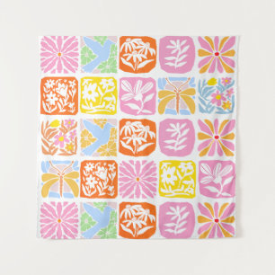  Colourful Floral Tile Botanical Folk Whimsical  Tapestry