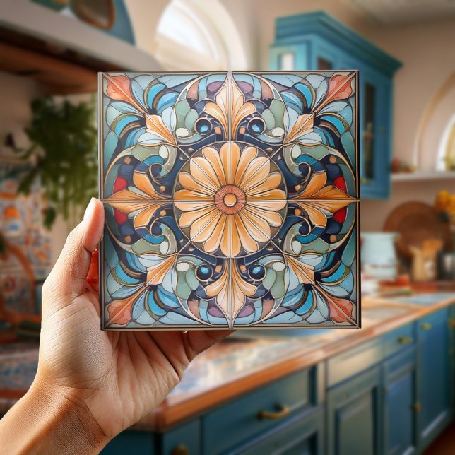Colourful Floral Tile Pat#8 Blue Apricot ID1078 (Creator Uploaded)