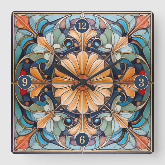 Colourful Floral Tile Pat#8 Blue Apricot ID1078 Square Wall Clock (Front)