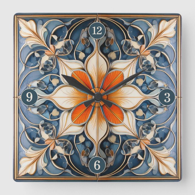 Colourful Floral Tile Pattern#9 Blue Ivory ID1078 Square Wall Clock (Front)