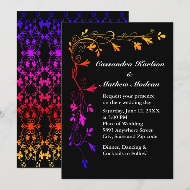 Colourful Floral Vines on Black Background Wedding Invitation (Front/Back)