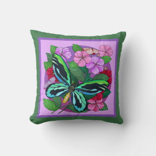 Colourful floral w/ butterfly; purple on green throw pillow