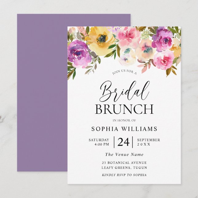 Colourful Floral Watercolor Bridal Shower Brunch Invitation (Front/Back)