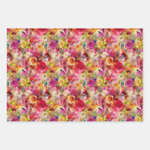 Colourful Floral Watercolor Rose Garden Pattern Wrapping Paper Sheet