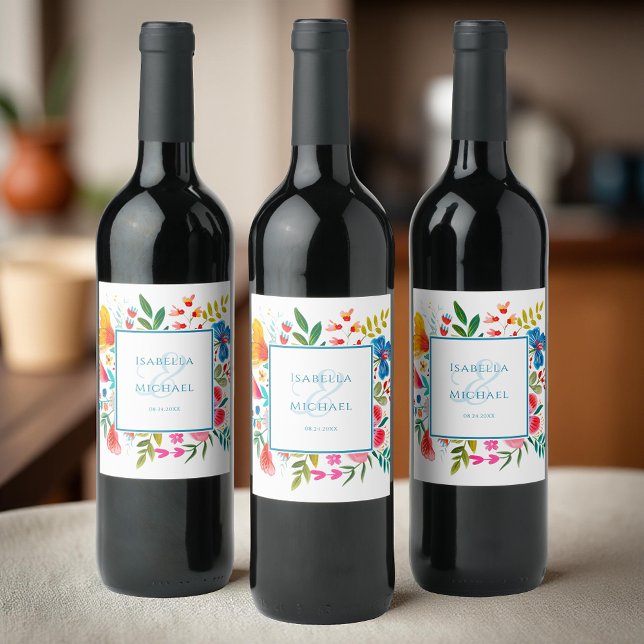 Colourful Floral Watercolor Wedding  Wine Label (Creator Uploaded)