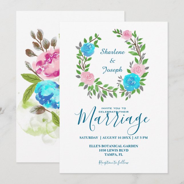 Colourful Floral Watercolor Wreath Wedding Invitation (Front/Back)