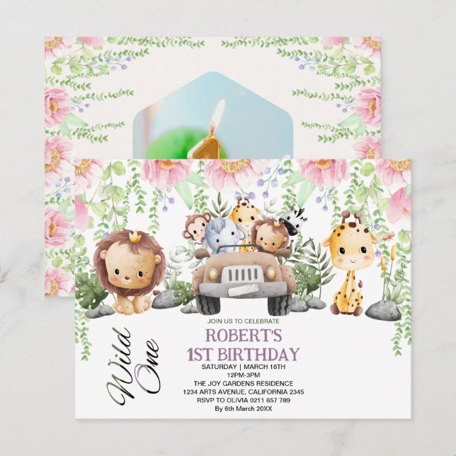 Colourful Floral Wild One Jungle Safari Birthday   Invitation (Front/Back)