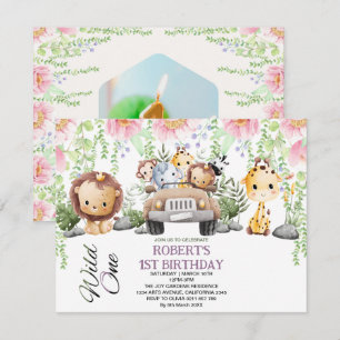Colourful Floral Wild One Jungle Safari Birthday Invitation