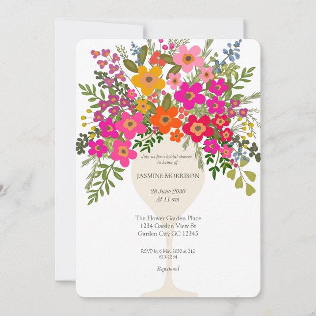 Colourful Floral Wine Glass Bridal Shower Invitation (Front)
