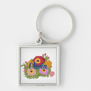 Colourful Floral With Custom Name Keychain