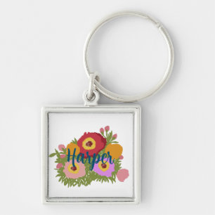 Colourful Floral With Custom Name Keychain