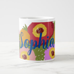 Colourful Floral With Custom Name Large Coffee Mug