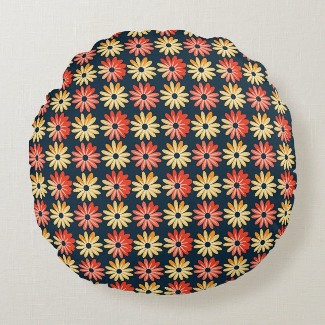 Colourful Floral With Red, Orange Flower Round Pillow (Front)