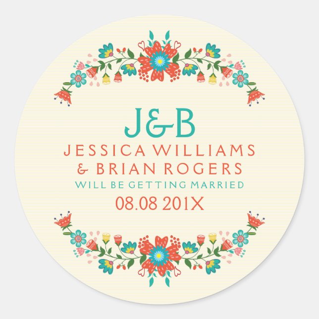 Colourful Floral Wreath & Beige Stripes Background Classic Round Sticker (Front)
