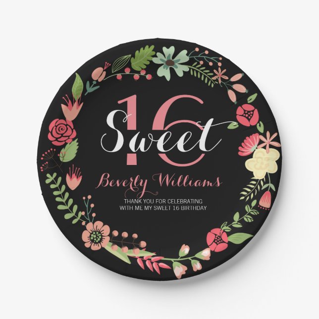 Colourful Floral Wreath On Black Sweet 16 Paper Plate (Front)