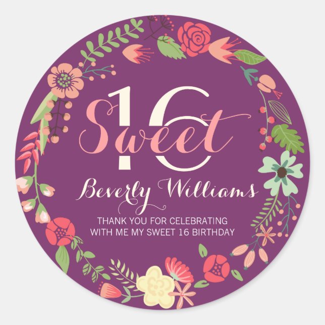 Colourful Floral Wreath On Purple Sweet 16 Classic Round Sticker (Front)