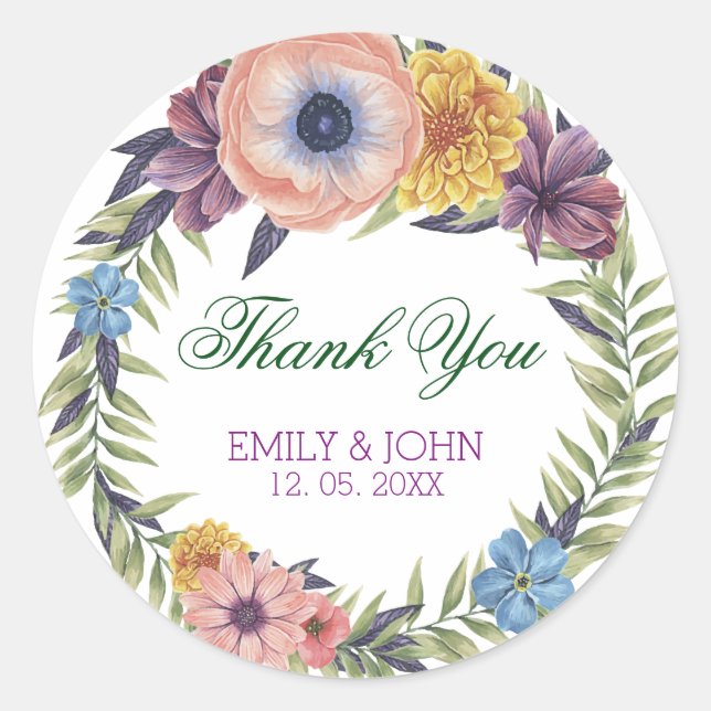 Colourful Floral Wreath-Thank You Classic Round Sticker (Front)