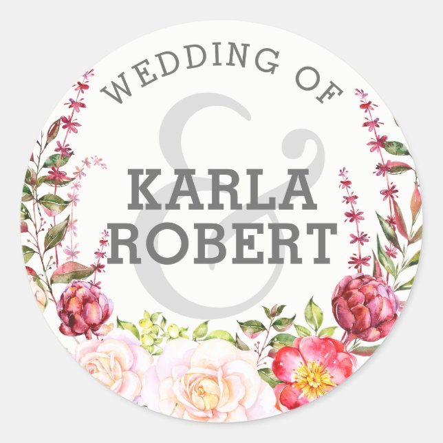 Colourful Floral Wreath Wedding Design Classic Round Sticker (Front)