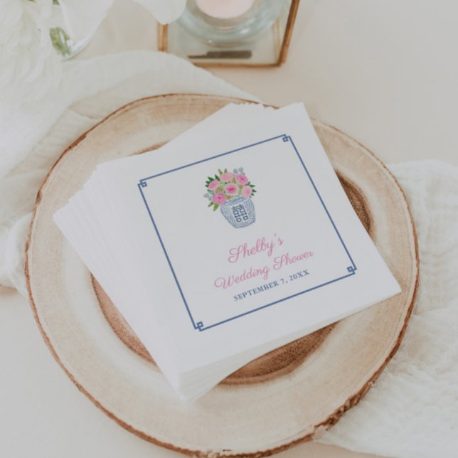 Colourful Florals In Ginger Jar Bridal Shower Part Napkin (Colorful roses and greenery in dark blue and white ginger jar bridal shower napkins)