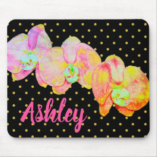 Colourful florals orange orchids polka dots mouse pad