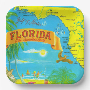 Colourful Florida Postcard Map  Paper Plate